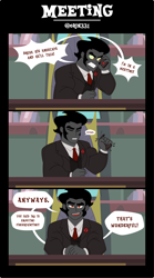 Size: 1176x2121 | Tagged: safe, artist:orin331, king sombra, human, equestria girls, g4, cellphone, comic, desk, equestria girls-ified, facial hair, fangs, geode, glowing, glowing eyes, looking at you, male, necktie, office, phone, prozd, short comic, speech bubble