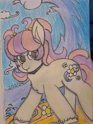 Size: 4624x3468 | Tagged: safe, oc, oc only, earth pony, pony, colored pencil drawing, fetlock tuft, pencil drawing, pigtails, solo, surfing, traditional art