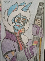 Size: 4624x3468 | Tagged: safe, oc, oc only, pony, unicorn, g4, clothes, colored pencil drawing, facial markings, female, glasses, gun, shotgun, solo, traditional art, weapon