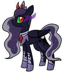 Size: 558x644 | Tagged: safe, artist:xxunicornforeverxx, princess luna, alicorn, pony, g4, boots, color change, colored horn, corrupted, corrupted luna, curved horn, dark magic, darkened coat, darkened hair, ethereal hair, gorget, horn, jewelry, magic, pale coat, pale hair, peytral, shoes, simple background, solo, sombra eyes, sombra horn, tiara, tumblr, tumblr:ask corrupted luna, tumblr:askcorrupted-luna, wavy hair, white background
