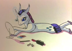 Size: 2171x1522 | Tagged: safe, artist:midnightmoon1986, rarity, pony, unicorn, g4, applying makeup, clothes, comb, eyeshadow, female, getting ready, horn, lying down, makeup, mare, mirror, one eye closed, prone, raised leg, slippers, solo, traditional art