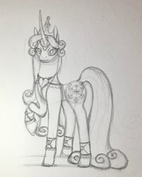 Size: 1778x2227 | Tagged: safe, artist:midnightmoon1986, princess amore, pony, unicorn, g4, female, grayscale, horn, jewelry, looking at you, mare, monochrome, raised hoof, regalia, smiling, smiling at you, solo, tail, tiara, traditional art