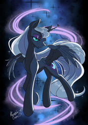 Size: 1448x2048 | Tagged: safe, artist:hauntedtuba, nightmare moon, alicorn, pony, g4, abstract background, concave belly, female, lidded eyes, mare, missing accessory, partially open wings, signature, slender, solo, thin, wings