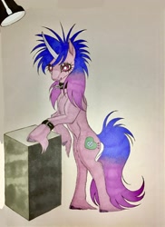 Size: 1551x2133 | Tagged: safe, artist:midnightmoon1986, izzy moonbow, pony, unicorn, g5, alternate hairstyle, belt, belt buckle, bipedal, bipedal leaning, choker, cloven hooves, colored, emo, female, horn, leaning, looking at you, mare, modeling, solo, spiked choker, spotlight, tail, traditional art, unshorn fetlocks