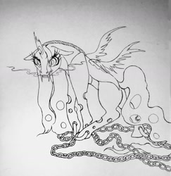 Size: 1792x1844 | Tagged: safe, artist:midnightmoon1986, queen chrysalis, changeling, changeling queen, g4, broken horn, chained, chains, fangs, female, grayscale, horn, imprisoned, monochrome, solo, spread wings, tail, torn wings, traditional art, wings