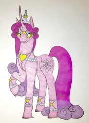 Size: 1547x2136 | Tagged: safe, artist:midnightmoon1986, princess amore, pony, unicorn, g4, colored, female, horn, jewelry, looking at you, mare, raised hoof, regalia, smiling, smiling at you, solo, tail, tiara, traditional art