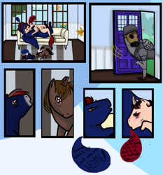 Size: 800x859 | Tagged: safe, artist:badmilkdog, oc, oc only, oc:comrade colt, unicorn, couch, foal, polyamory, window