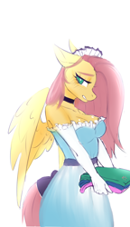 Size: 2874x5000 | Tagged: safe, artist:evlass, fluttershy, pegasus, anthro, g4, breasts, busty fluttershy, fluttermaid, maid, simple background, solo, stupid sexy fluttershy, white background