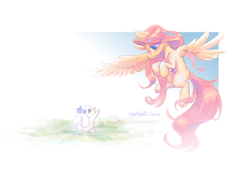 Size: 2000x1429 | Tagged: safe, artist:melonlicious, angel bunny, fluttershy, g4, animated, colored, cute, flower, flying, gif, grass, pink hair, simple background, white background, wings