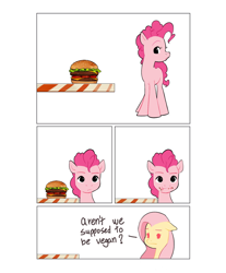 Size: 1488x1796 | Tagged: safe, artist:pascal571, fluttershy, pinkie pie, earth pony, pegasus, pony, g4, burger, comic, food, lampshade hanging, meat, ponies eating meat, simple background, white background