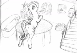 Size: 1704x1173 | Tagged: safe, artist:mfg637, derpibooru exclusive, fluttershy, pegasus, pony, g4, butt, flutterbutt, looking at you, lying down, monochrome, pencil drawing, plot, prone, sketch, sock, solo, table, traditional art, wingless
