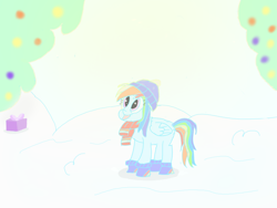 Size: 1200x900 | Tagged: safe, rainbow dash, pegasus, pony, g4, clothes, happy, morning, scarf, snow, solo, striped scarf, winter