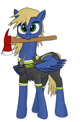 Size: 1632x2426 | Tagged: safe, artist:korund, oc, oc only, pegasus, pony, clothes, fire axe, firefighter, mouth hold, pegasus oc, simple background, solo, uniform, white background