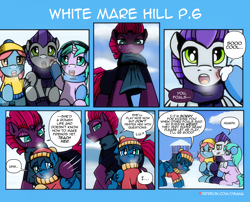 Size: 3508x2834 | Tagged: safe, artist:dsana, fizzlepop berrytwist, tempest shadow, oc, oc:blue candy, oc:bolt thundercloud, oc:lullaby dusk, oc:minty mint, earth pony, pegasus, pony, unicorn, comic:a storm's lullaby, apology, awestruck, bowing, clothes, colt, comic, earwarmers, female, filly, foal, male, mare, shawl, winter clothes, winter outfit