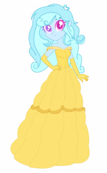 Size: 1280x2060 | Tagged: safe, artist:brightstar40k, oc, oc only, oc:jemimasparkle, human, beauty and the beast, belle, breasts, clothes, dress, evening gloves, female, gloves, gown, hand on hip, humanized, long gloves, princess, princess costume, simple background, smiling, solo, white background