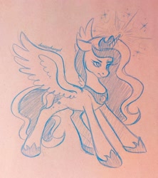 Size: 1922x2160 | Tagged: safe, artist:dariarchangel, princess luna, alicorn, pony, g4, female, horn, jewelry, mare, monochrome, pencil drawing, regalia, sketch, slender, solo, spread wings, thin, traditional art, wings