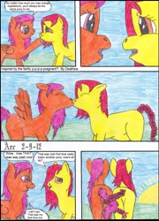 Size: 1293x1800 | Tagged: safe, artist:arccahlon, apple bloom, scootaloo, earth pony, pegasus, pony, g4, alternate hairstyle, braid, butt, comic, female, intertwined tails, kissing, lesbian, plot, ship:scootabloom, shipping, tail, traditional art