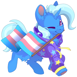 Size: 4626x4651 | Tagged: safe, artist:cutepencilcase, trixie, pony, unicorn, g4, absurd resolution, clothes, hoodie, mouth hold, one eye closed, pride, pride flag, redraw, simple background, solo, trans trixie, transgender, transgender pride flag, transparent background, wink