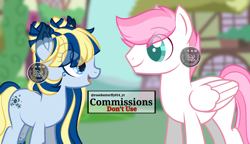 Size: 2000x1154 | Tagged: safe, artist:rosebutterfly014, oc, earth pony, pegasus, pony, g4, base used, commission, fake screencap, fake screenshot, female, male, mare, palette swap, recolor, stallion, standing, talking, watermark