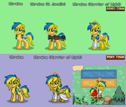 Size: 679x579 | Tagged: safe, oc, oc:ukraine, alicorn, earth pony, pony, ashes town, pony town, alicornified, armor, clothes, crown, dress, female, flag, game screencap, jewelry, missile launcher, nation ponies, race swap, regalia, ukraine, vyshyvanka