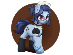 Size: 4000x3000 | Tagged: safe, artist:dumbwoofer, paisley bluebell, earth pony, pony, g5, clothes, collar, ear fluff, female, french maid, glasses, maid, maid headdress, mare, raised hoof, simple background, smiling, solo, stockings, thigh highs, transparent background, unshorn fetlocks