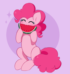 Size: 3813x4066 | Tagged: safe, artist:kittyrosie, pinkie pie, earth pony, pony, g4, :3, ^^, abstract background, belly, cute, diapinkes, eating, eyes closed, female, food, herbivore, mare, nom, purple background, round belly, simple background, sitting, solo, watermelon
