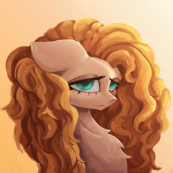 Size: 3000x3000 | Tagged: safe, artist:anastas, pear butter, earth pony, pony, g4, the perfect pear, bust, buttercup, chest fluff, curly mane, cute, cyan eyes, eyelashes, female, floppy ears, flower, fluffy hair, gradient background, looking at you, mare, orange mane, portrait, smiling, solo, sternocleidomastoid