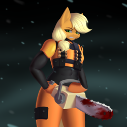 Size: 2000x2000 | Tagged: safe, alternate version, artist:villjulie, applejack, earth pony, anthro, g4, armor, blood, chainsaw, digital art, gritted teeth, hooves, mlp-rd, snow, snowfall, solo, teeth, unmasked, winter