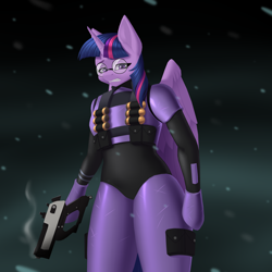 Size: 2000x2000 | Tagged: safe, alternate version, artist:villjulie, twilight sparkle, alicorn, anthro, g4, armor, desert eagle, digital art, glasses, gritted teeth, gun, handgun, hooves, mlp-rd, mod, smoke, snow, snowfall, teeth, twilight sparkle (alicorn), unmasked, winter