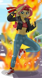 Size: 6108x11310 | Tagged: safe, artist:emeraldblast63, artist:khaledantar666, sunset shimmer, equestria girls, g4, absurd resolution, action pose, belly button, blue jeans, clothes, converse, fiery shimmer, fingerless gloves, fire, gloves, grin, headband, kung fury, road, shoes, smiling, solo