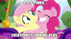 Size: 888x499 | Tagged: artist needed, safe, anonymous artist, edit, edited screencap, screencap, fluttershy, pinkie pie, earth pony, pony, g4, my little pony: rainbow roadtrip, ^^, apple, apple tree, caption, cheek squish, cute, daaaaaaaaaaaw, diapinkes, discovery family, discovery family logo, duo, embarrassed, eyes closed, female, grin, hot air balloon, hug, image macro, imgflip, impact, lesbian, logo, mare, meme, ship:flutterpie, shipping, shyabetes, smiling, squishy cheeks, text, tree, wholesome