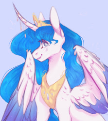 Size: 1280x1440 | Tagged: safe, artist:pixelberrry, oc, alicorn, pony, blue background, colored wings, crown, female, jewelry, mare, regalia, simple background, solo, two toned wings, wings