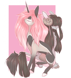 Size: 1280x1408 | Tagged: safe, artist:pixelberrry, oc, oc only, oc:itami, oc:precilla, goat, goat pony, pony, unicorn, coat markings, concave belly, female, hair over eyes, mare, slender, thin