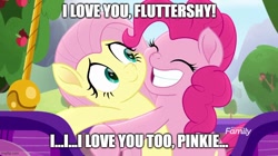 Size: 888x499 | Tagged: artist needed, safe, anonymous artist, edit, edited screencap, screencap, fluttershy, pinkie pie, earth pony, pegasus, pony, g4, my little pony: rainbow roadtrip, ^^, apple, apple tree, caption, cute, cuteness overload, daaaaaaaaaaaw, diapinkes, discovery family, discovery family logo, duo, eyes closed, female, grin, hot air balloon, hug, i love you, image macro, imgflip, impact, lesbian, logo, mare, meme, ship:flutterpie, shipping, shyabetes, smiling, text, tree