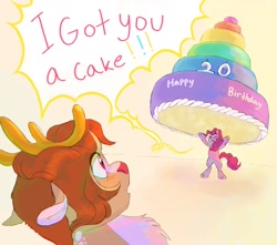 Size: 1700x1500 | Tagged: safe, artist:abbytabbys, pinkie pie, oc, oc:fancy festivity, deer, earth pony, hybrid, pony, reindeer, g4, bipedal, birthday, birthday cake, cake, colored hooves, colored horns, colored pinnae, curly mane, curly tail, dialogue, duo, earth pony strength, eye clipping through hair, eyes closed, female, floppy ears, food, giant food, holding, hoof hold, hooves, hybrid oc, mare, multicolored hooves, not rudolph, open mouth, pink coat, pink mane, pink tail, pinkie being pinkie, ponysona, red eyes, red nose, screaming, smiling, surprised, tail, talking, text, unshorn fetlocks