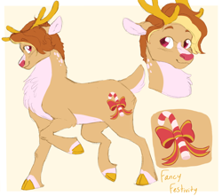 Size: 1700x1500 | Tagged: safe, artist:abbytabbys, oc, oc only, oc:fancy festivity, deer, hybrid, pony, reindeer, brown coat, brown hair, chest fluff, cloven hooves, colored eyes, colored fetlocks, colored hooves, colored horns, duality, hybrid oc, not rudolph, pale belly, passepartout, red eyes, red nose, reference sheet, simple background, solo, two toned hair, yellow background