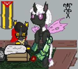 Size: 796x707 | Tagged: safe, artist:damset, oc, oc:da-mset, oc:nika escarabajo, oc:pepino berbug, changeling, banner, changeling oc, female, glasses, hat, mi amore fest, monochrome, ms paint, passport, pixel art, purple changeling, simple background, sssu, table, television, typewriter