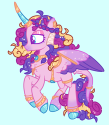 Size: 1537x1761 | Tagged: safe, artist:tottallytoby, princess cadance, alicorn, pony, g4, alternate color palette, alternate design, alternate hairstyle, alternate tailstyle, bags under eyes, bangles, blue background, blue eyes, bracelet, braid, coat markings, colored eartips, colored hooves, colored horn, colored muzzle, colored wings, colored wingtips, curly mane, curly tail, curved horn, ear piercing, earring, eyeshadow, female, horn, horn jewelry, jewelry, leonine tail, lidded eyes, makeup, mare, multicolored mane, multicolored tail, multicolored wings, necklace, piercing, purple mane, purple tail, redesign, shiny hooves, simple background, smiling, solo, sparkly mane, sparkly tail, sparkly wings, spread wings, tail, tail jewelry, wings