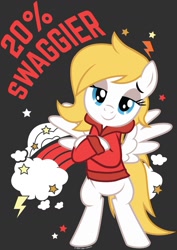 Size: 1191x1684 | Tagged: safe, artist:jaye, oc, oc only, oc:fox, pegasus, pony, g4, 20% cooler, bipedal, clothes, looking at you, shirt, show accurate, swag, text