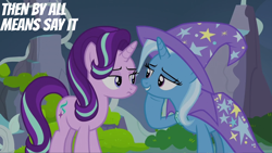 Size: 2000x1125 | Tagged: safe, edit, edited screencap, editor:quoterific, screencap, starlight glimmer, trixie, pony, unicorn, g4, to change a changeling, cape, clothes, duo, duo female, female, hat, mare, trixie's cape, trixie's hat
