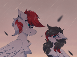 Size: 1350x1000 | Tagged: safe, artist:rieyadraws, oc, oc only, oc:driftbeat, oc:jet blast, pegasus, pony, blushing, chest fluff, cute, ear fluff, female, floppy ears, glasses, gray mane, leaves, looking at each other, looking at someone, male, photo, rain, red mane, shipping, smiling, smiling at each other, straight, two toned mane, white fur