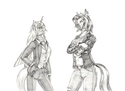 Size: 1510x1100 | Tagged: safe, artist:baron engel, queen chrysalis, oc, oc:two tone, changeling, changeling queen, zebra, anthro, g4, monochrome, pencil drawing, story included, traditional art