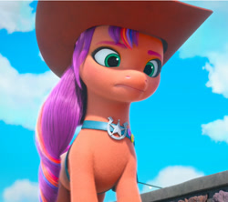 Size: 672x596 | Tagged: safe, screencap, sunny starscout, earth pony, pony, g5, my little pony: make your mark, my little pony: make your mark chapter 2, the cutie mark mix-up, spoiler:g5, cowboy hat, female, hat, mane stripe sunny, mare, sheriff sunny, sheriff's badge, solo