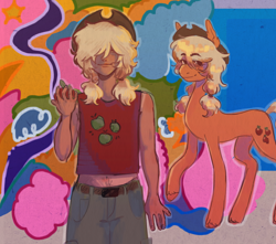 Size: 1280x1133 | Tagged: safe, artist:soppinator, applejack, earth pony, human, pony, g4, abstract background, alternate hairstyle, applejack's hat, belt, blonde hair, blonde mane, blonde tail, clothes, colored hooves, cowboy hat, duality, ear fluff, eye clipping through hair, eyebrows, eyebrows visible through hair, female, freckles, hair covering face, hat, holding, human ponidox, humanized, looking at you, mare, pants, pigtails, ponytail, raised hoof, self paradox, self ponidox, smiling, smiling at you, standing, tail, tan lines, tan skin, tank top, unshorn fetlocks, yellow mane, yellow tail