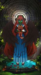 Size: 1496x2682 | Tagged: safe, artist:dogs, derpibooru exclusive, oc, oc only, fox, anthro, anthro oc, clothes, collage, devil horns, horns, kimono (clothing), long hair, photoshop, water, wings