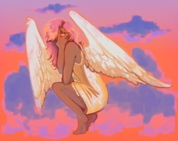 Size: 1280x1021 | Tagged: safe, artist:soppinator, fluttershy, human, g4, barefoot, clothes, cloud, covering face, crouching, dress, feet, female, humanized, lyrics in the description, pink hair, sky background, solo, starry eyes, sunset, tan skin, wingding eyes, winged humanization, wings