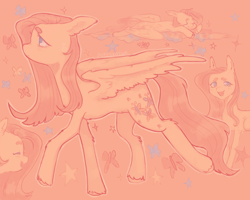 Size: 1280x1022 | Tagged: safe, artist:soppinator, fluttershy, butterfly, pegasus, pony, g4, beanbrows, blue eyes, blushing, cloud, colored eyebrows, colored hooves, ear fluff, eyebrows, eyes closed, female, limited palette, looking away, looking up, mare, on a cloud, open mouth, open smile, partially open wings, pink background, pink mane, pink tail, profile, raised hooves, simple background, sleeping, sleeping on a cloud, smiling, sparkles, stars, straight mane, tail, teeth, unshorn fetlocks, wavy tail, wings, yellow coat