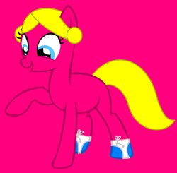 Size: 885x868 | Tagged: safe, artist:spitfirethepegasusfan39, artist:twilightsparkle44444, earth pony, pony, g4, adult blank flank, base used, blank flank, chatting, clothes, female, little miss, little miss chatterbox, mare, mr. men, mr. men little miss, pink background, ponified, raised hoof, raised leg, shoes, simple background, smiling, sneakers, solo, talking