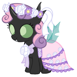 Size: 1575x1579 | Tagged: safe, artist:arkogon, sweetie belle, changeling, g4, changelingified, clothes, dress, female, floral head wreath, flower, flower girl, flower girl dress, flower in hair, holeless, simple background, smiling, solo, species swap, spread wings, sweetiling, transparent background, vector, wings