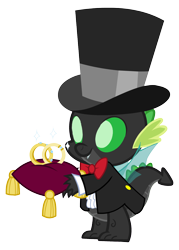 Size: 1644x2293 | Tagged: safe, artist:arkogon, spike, changeling, g4, changeling dragon, changelingified, clothes, hat, holeless, jewelry, male, ring, ring bearer, simple background, smiling, solo, sparkles, species swap, suit, top hat, transparent background, vector, wedding ring